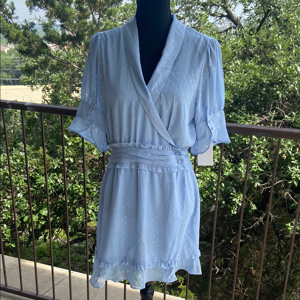 For Love And Lemons Blue Flutter Sleeve Wrap Mini Dress Sz Large